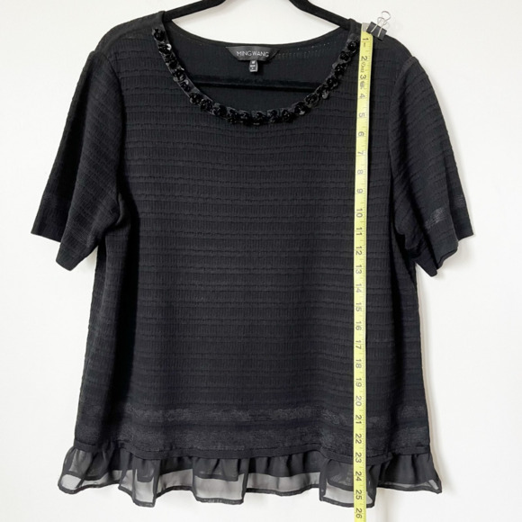 Ming Wang Ruffle Floral Sequin Embellished Short Sleeve Top Black Womens Medium - Picture 6 of 10
